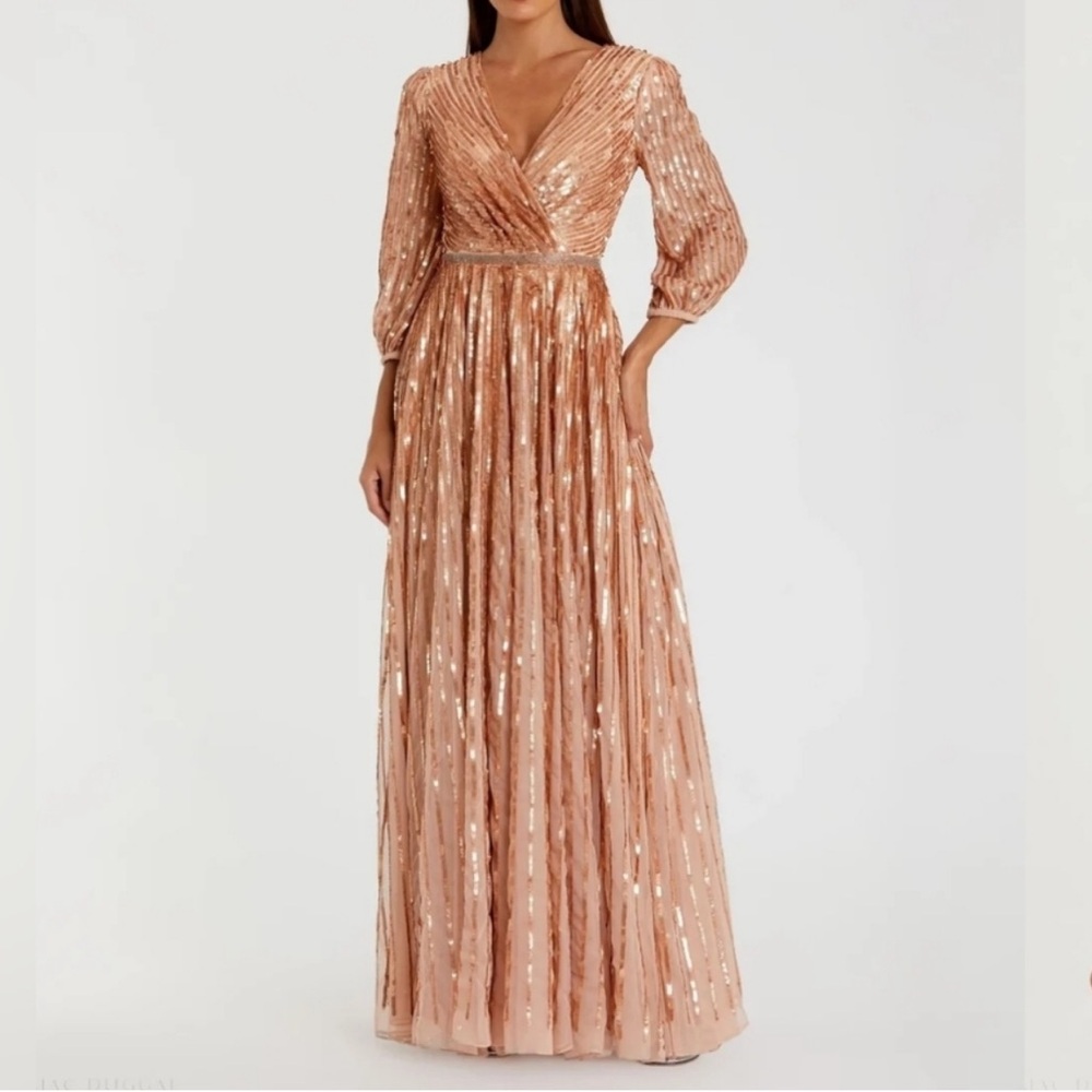 Mac Duggal Apricot Gold Sequined Embellishment Faux Wrap 3/4 Balloon Sleeve Gown